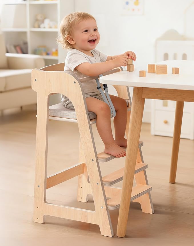 ROBUD Wooden High Chair for Toddlers, Highchair for Adjustable Seat Height & Footrest Levels, High Chairs for Babies and Toddlers with Removable Cushion for Nursery, Dining, Studying, Restaurant,WG419