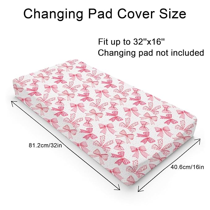 Pink Valentine's Bows Baby Changing Pad Covers for Girls 32''x16'' Girly Pink Hair Bows Fitted Diaper Change Table Pad Mats Valentine Hearts Love Soft Breathable Nursery Cradle & Bassinet Sheets Pink