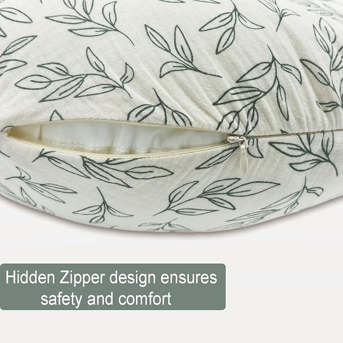 Nursing Pillow Cover - 2-Pack Muslin Cotton Removable Covers for Breastfeeding Pillows, Ultra-Soft Baby Feeding Pillowcase for Boy & Girl, Fits 22.5"x18" Pillows (Green Leaf & Sage Green)
