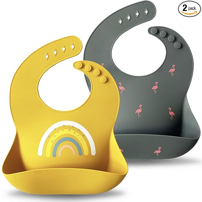 Moonkie Silicone Baby Bibs Set of 2, BPA Free Waterproof Baby Bibs for Eating, Soft Adjustable Silicone Bibs for Babies 6-12 Months, Toddler Bibs with Large Pocket Food Catcher (Dark Grey/Kodak)