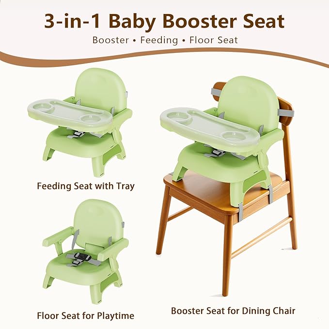Booster Seat for Kitchen Chair, 3-in-1 Foldable & Portable Booster Seat with Tray, Extra Dishwasher-Safe Tray, Safety Straps for 6–18M (Up to 30 lbs), for Dining Table & Travel, Green
