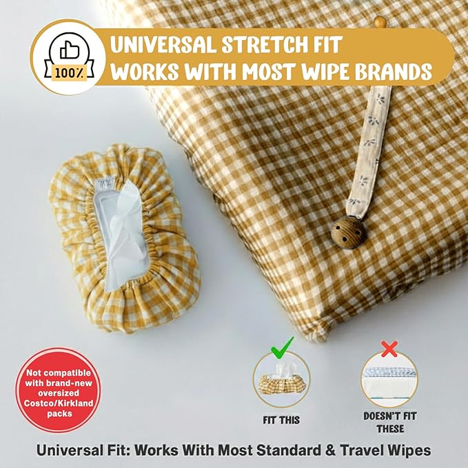 Baby Wipes Cover – Universal Size, One Size Fits All Wipes Packages | Muslin Cotton Tissue Cover for Nursery, Diaper Bag & Changing Table, Station | Gingham & Neutral Patterns (Mustard Yellow Gingham)