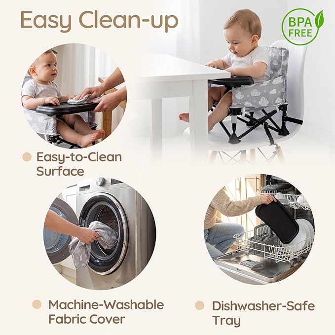 Toddler Booster Seat for Kitchen Chair & Travel - Portable Foldable with Removable Tray, Baby Camping Chair 6-36 Months Indoor Outdoor (White Cloud Design)