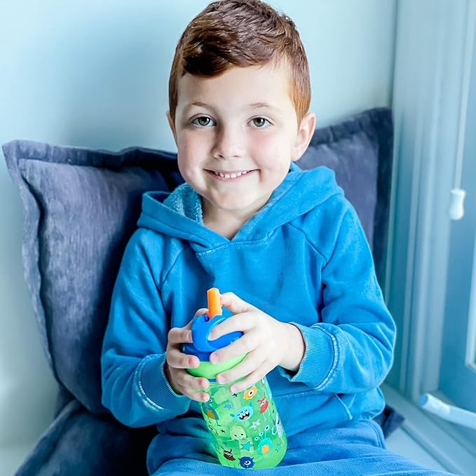 Nuby 2 Pack Iridescent PP Flip-it Kids On-The-Go Printed Water Bottle with Bite Proof Hard Straw - 18oz / 540 ml, 18+ Months, 2 pk, Robot & Friendly Monster Print