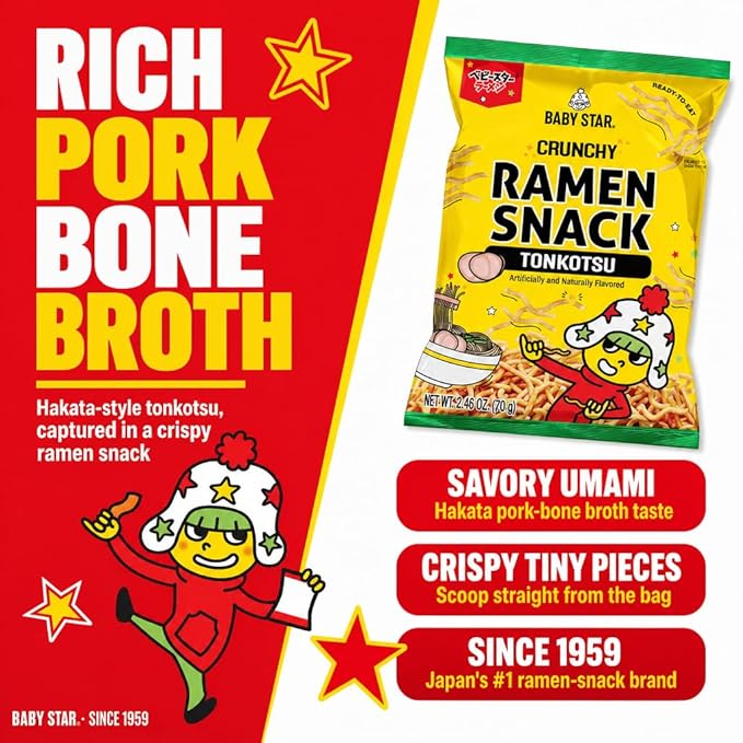 Baby Star Crunchy Ramen Snack Tiny Tonkotsu Flavor, 2.46 oz, Japanese Crispy Noodle Treat, Spicy Savory Taste, Asian Food for Kids and Adults
