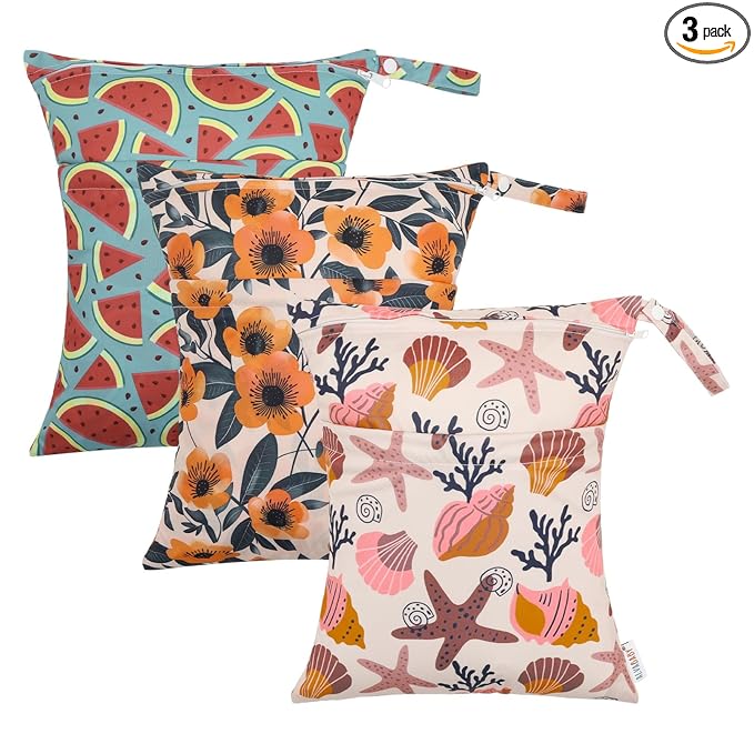 ALVABABY 3pcs Cloth Diaper Wet Dry Bags Waterproof Reusable with Two Zippered Pockets Travel Beach Pool Daycare Soiled Baby Items Yoga Gym Bag for Swimsuits or Wet Clothes 3L-ZM17A