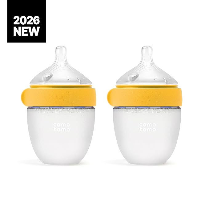 Comotomo Silicone Baby Bottle Gen 2 – 2026 Release (5oz) – True Slow-Flow Nipple for Newborn Feeding (0-3 Months) with Dual Anti Colic Vents for Breast to Bottle Transition, Yellow (Double Pack)