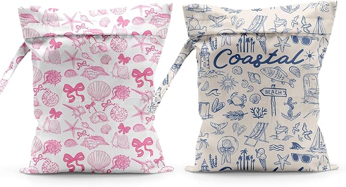 Waterproof Cloth Diaper Wet Dry Bag Reusable Travel Beach Pool Daycare Soiled Toddler Items Yoga Gym Bag for Swimsuits Wet Clothes Bags - 2pcs Coastal Themed Pattern