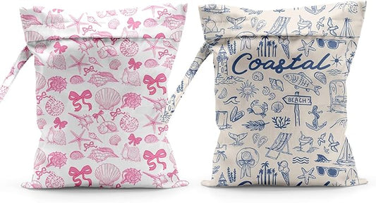 Waterproof Cloth Diaper Wet Dry Bag Reusable Travel Beach Pool Daycare Soiled Toddler Items Yoga Gym Bag for Swimsuits Wet Clothes Bags - 2pcs Coastal Themed Pattern