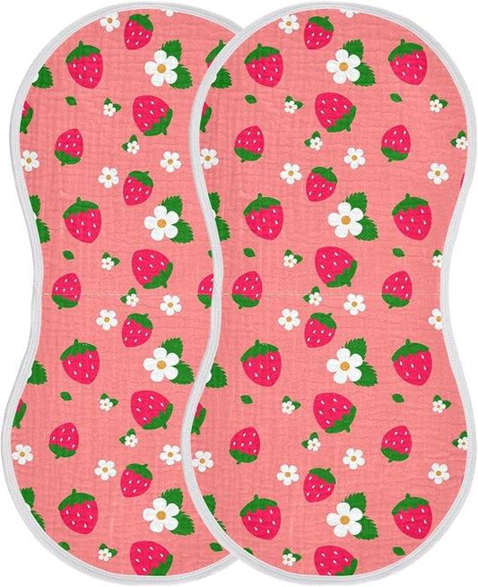 Muslin Burp Cloths for Baby Boys and Girls - 2-Pack Ultra Absorbent Strawberry Muslin Washcloths, Newborn Towel, Milk Spit Up Rags, Burp Cloth Bibs for Unisex, 22 x 11 Inch