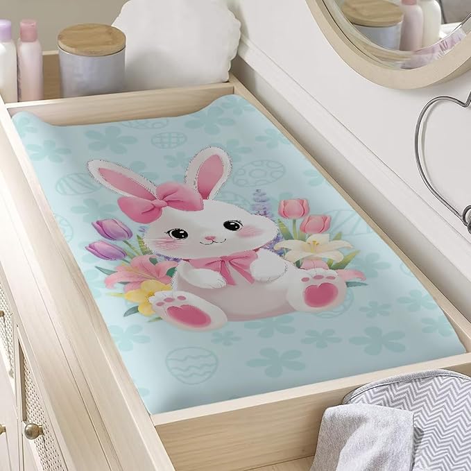 Easter Decor Changing Table Pad Cover Rabbit Diaper Changing Pad Cover Soft Breathbale Diaper Pad Cover Portable 32''*16'' Nursery Decor