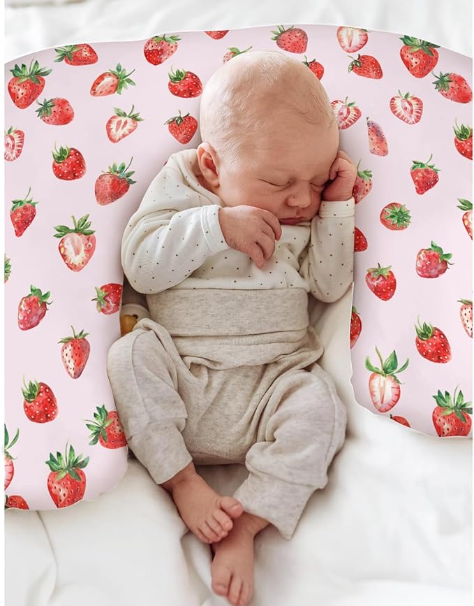 Red Strawberries Baby Nursing Pillow Covers for Boy Girl Watercolor Strawberries Fruit Nursery Slipcovers for Breastfeeding Pillows Sweet Summer Pink Soft Stretchy Removable Covers for Newborn Infant