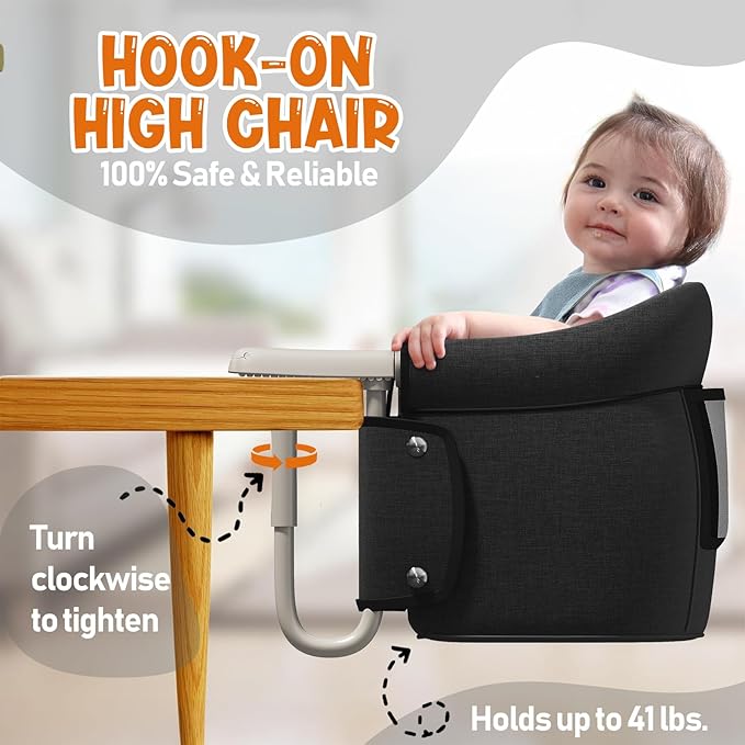 Hook On High Chair, Portable Table Chair for Babies, Foldable Baby Feeding Chair with 3-Point Safety Harness, Weaning & Self-Feeding Essential
