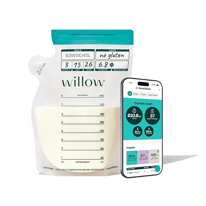 Willow - 8oz Breast Milk Storage Bags - SmartStash Tracking - 50ct - Double Zip Seal for Durability - Freezer & Fridge Breastmilk Storage - Easy Pour Spout - BPA Free - Breastfeeding Essentials