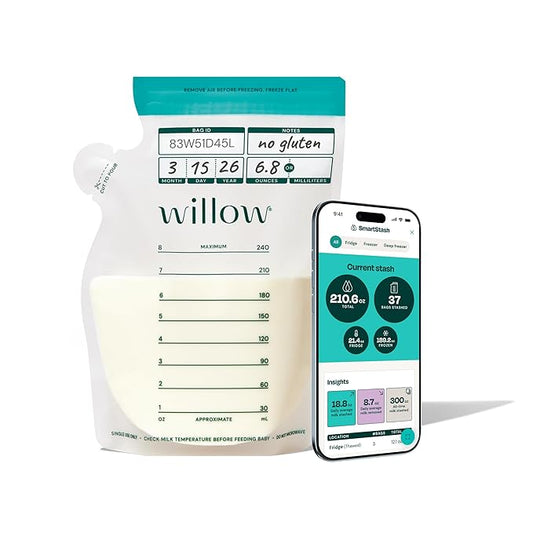 Willow - 8oz Breast Milk Storage Bags - SmartStash Tracking - 50ct - Double Zip Seal for Durability - Freezer & Fridge Breastmilk Storage - Easy Pour Spout - BPA Free - Breastfeeding Essentials