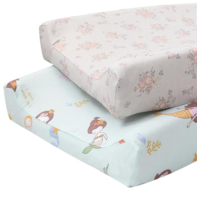 Owlowla Changing Pad Cover,Ultra Soft Cotton Changing Table Covers,Breathable&Durable Nursery Diaper Changing Pad Sheets for Baby Boys Girls(Gray Floral&Mermaid)