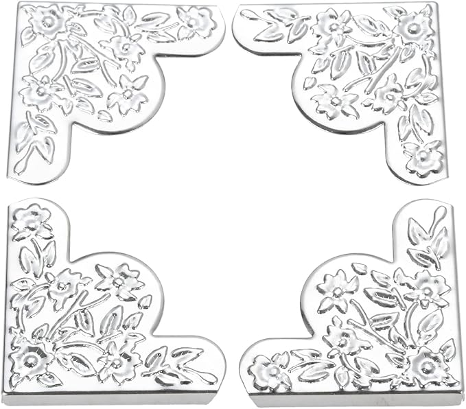 dophee 12Pcs Decorative Corner Protector, Jewelry Box Wooden Box Chest Furniture Guard Edge Cover, Metal Flower Carved No Holes, 1.69"x1.69"x0.2" - Silver