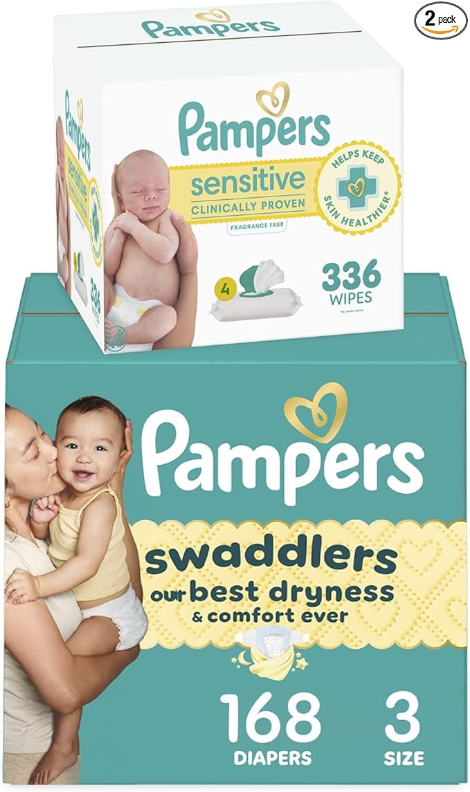 Diapers Size 3, 168 Count and Baby Wipes - Pampers Swaddlers Disposable Baby Diapers and Water Baby Wipes Sensitive Pop-Top Packs, 336 Count (Packaging May Vary)