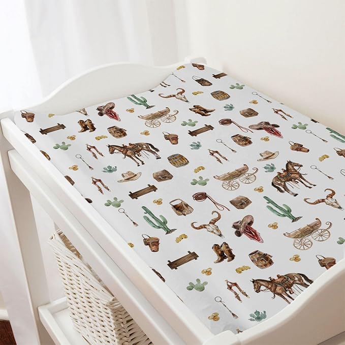 Western Cowboy Changing Pad Covers Cowboy Hats Boots Coins Cactus Goat Skull Horse Diaper Changing Pad Table Sheets for Boys Soft Breathable Stretchy Baby Change Table Pad Mats Covers 32''x16''