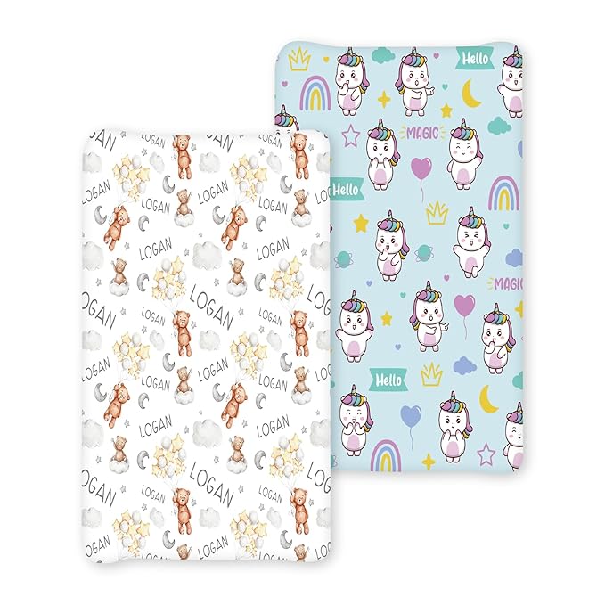 Personalized Baby Changing Pad Cover with Name - 2 Piece White Bear Baby Pee Pad Cover for Diaper Changing Table with Name, Portable Custom Gifts for Infant Baby
