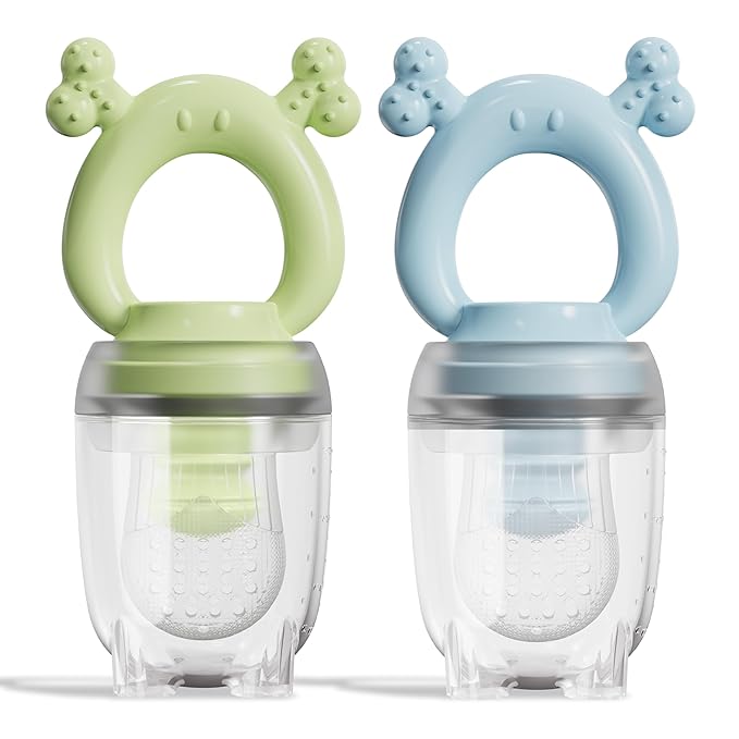 Baby Food Freezer Tray & Fruit Feeder Set – 2 Pack Silicone Baby Food Storage Trays + 2 Fresh Food Feeders for Infant Teething & Self Feeding – Popsicle Mold for Breastmilk, Purees, Blue & Green