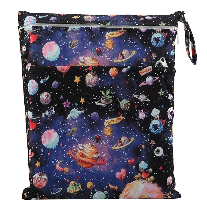 Medium Wet Dry Bag Baby Cloth Diaper Nappy Insert Bag Reusable Washable With Two Zippered Pockets (Solar System)