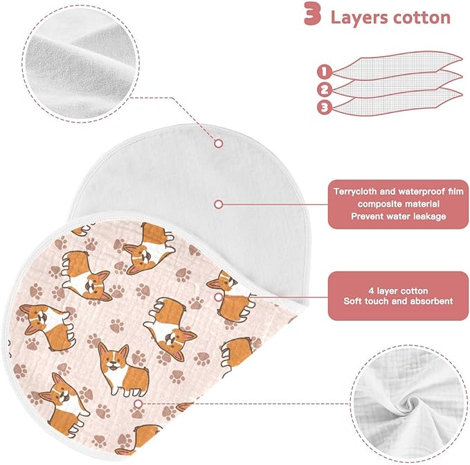 vvfelixl Muslin Burp Cloths Cartoon Corgis Baby Washcloths for Baby Girl Boys 2 Pack Flesh-Colored