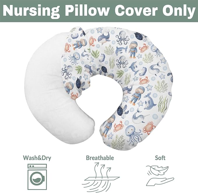 Sea Animal Baby Nursing Pillow Cover for Boy Girl Diver Turtle Jellyfish Whale Sea Weeds Starfish Nursing Slipcover for Breastfeeding Pillows Cute Ocean Animals Soft Stretchy Cover for Newborn Infant