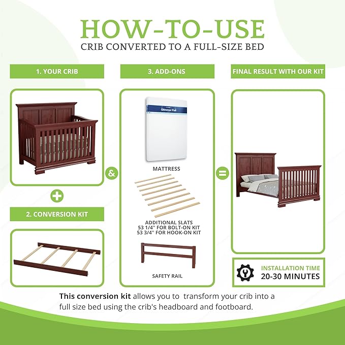 CC KITS Full-Size Conversion Kit Bed Rails Compatible with Simmons Kids Convertible Cribs by Delta Children - Solid Wood Rail - Toddler and Adult Bed Rail for Full-Size (Espresso Cherry, Hook-ON KIT)
