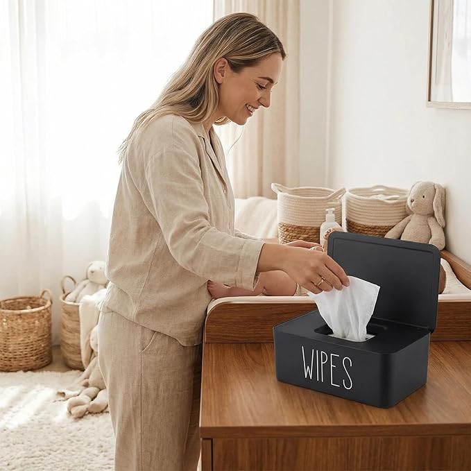 Sleek Baby Wipes Dispenser Easy to Access Bathroom Flushable Butt Wipes Container Holder Refillable,7.28" L x 4.80" W x 2.75" H (Black)