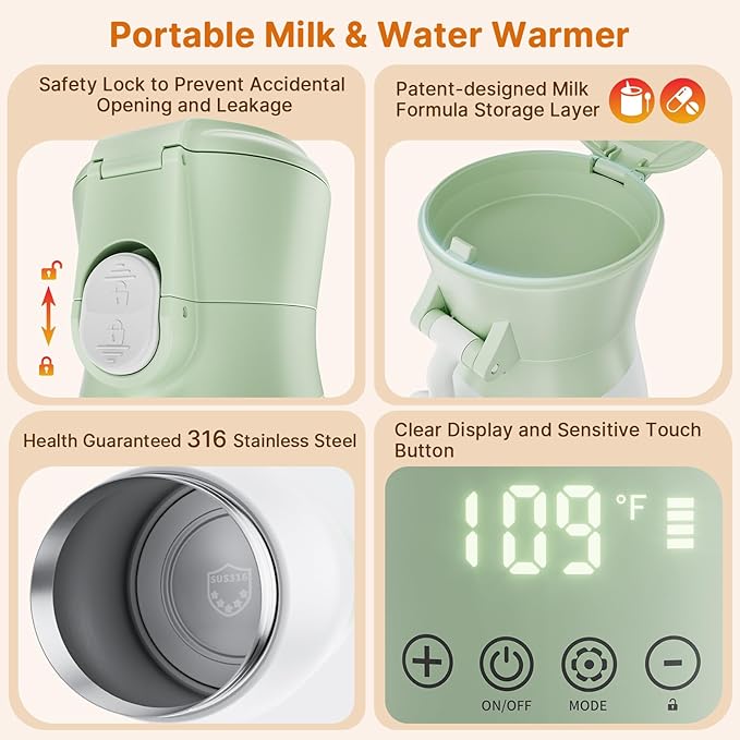 Portable Baby Bottle Warmer, 16000mAh Rechargeable Travel Milk Warmer with 7 Temp Settings, 316 Stainless Steel Fast Heating Leak-Proof Bottle Warmer for Breastmilk & Formula, Night Feeds & On the Go