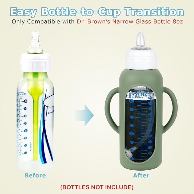 Dr. Brown's Sippy Straw Cup Conversion Kit with Silicone Sleeves for Narrow Glass Baby Bottle 8oz, Weighted Straw Replacement Kit with Soft Sippy Spout and Handle, 6m+, Set of 3