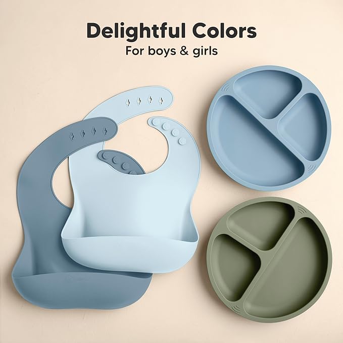 KeaBabies 2-Pack Silicone Bibs for Babies, Toddlers Girl, Boy – Sturdy Food-Grade Baby Bibs for Eating, Large Food Catcher, Clean & Put On Easily, Waterproof Toddler Feeding Essentials (Ocean)