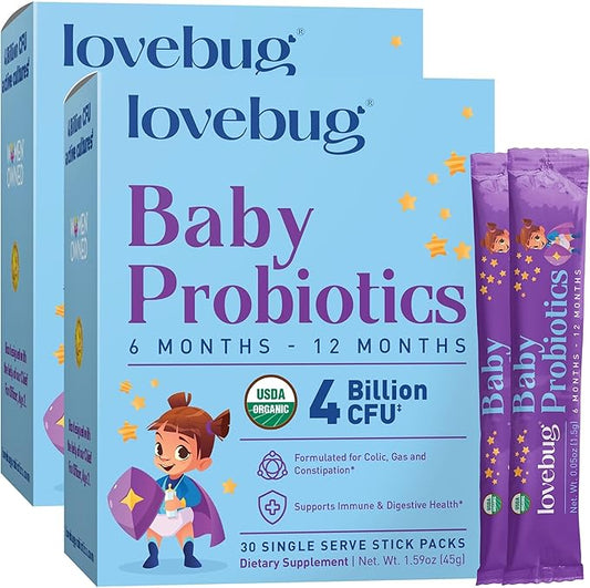 LOVEBUG Award Winning USDA Organic Probiotic for Babies | Multi-Strain 4 Billion CFU | Easy-to-Take Powder | Sugar Free | Ages 6-12 Months | 60 Packets