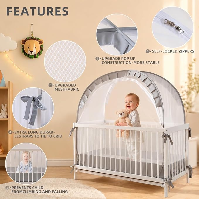 Lazyzzzz Crib Tent, Pop Up Mosquito Crib Net with Double Zipper Self-Locked,1200 Holes/Inch Mesh to Keep Baby from Climbing Out, Portable Easy Install Mosquito Net 55" L x 27" W x 51" H Grey