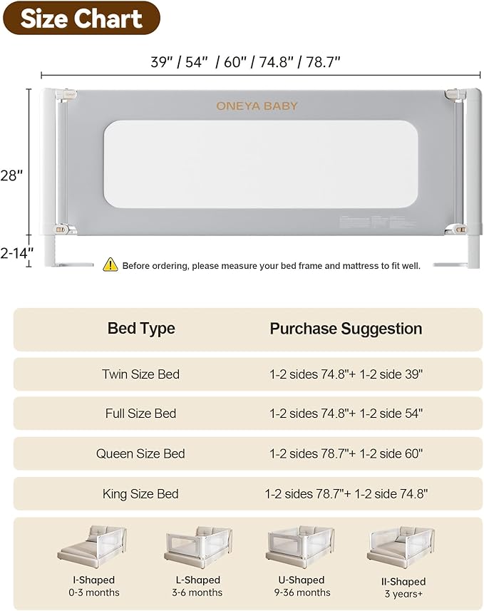 Bed Rail for Toddlers, Thickened & Reinforced Baby Bed Rail Guard forTwin Bed with Double Child Lock, Upgraded Toddler Bedrails with Height Adjustable, Grey, 1Side 39" Lx28 H