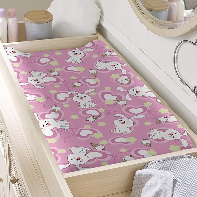 Rabbit Heart Valentine Changing Pad Cover Waterproof Lightweight Nursery Pad Change Cover for Baby Durable Stretchy Diaper Changing Mat Cover