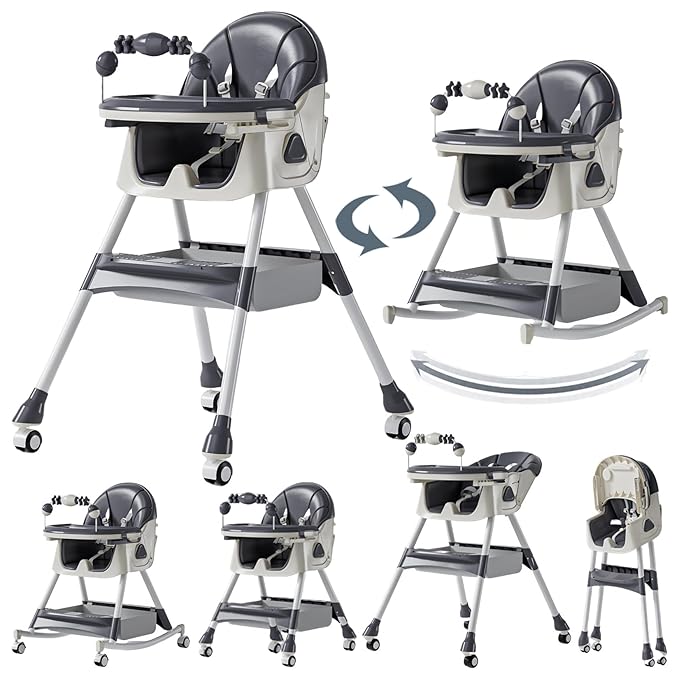 Nine point nine PU Leather High Chairs with Rocking Mode, High Chair for Babies and Toddlers, Easy to Fold Highchair, Adjustable Highchairs with Double Tray (560 Grey)