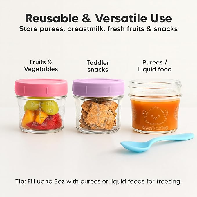 KeaBabies 12-Pack Baby Food Glass Containers and Silicone Baby Food Freezer Tray with Clip-on Lid - 4 oz Leak-Proof, Microwavable, Storage Container, Silicone Freezer Molds
