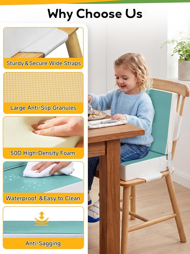 Toddler Booster Seat for Dining Table, Booster Seat for Kitchen Chair, Dining Seat with Adjustable Straps, Portable Travel Increasing Cushion for Chair (Green