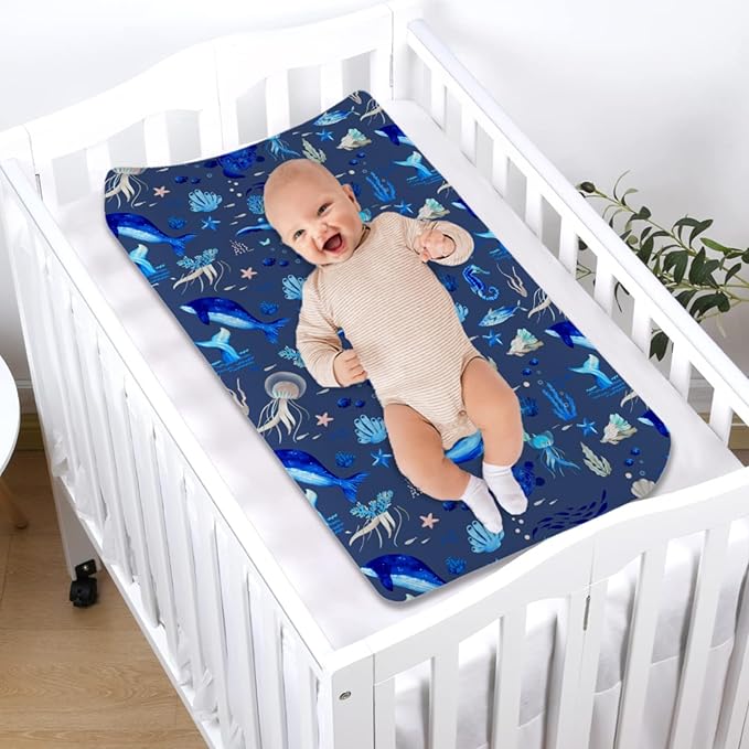 Nautical Animals Life Changing Pad Covers Sea Turtle Whale Jellyfish Sea Horse Weeds Unisex Diaper Change Table Sheets for Boys Girls Soft Breathable Stretch Changing Pad Sheets 32''x16'' Navy