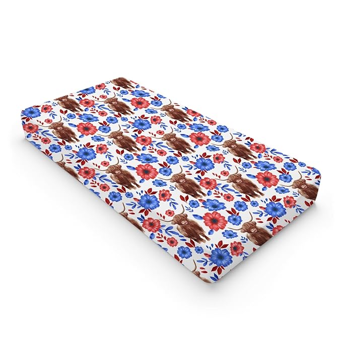 Highland Cows Boho Floral Changing Pad Cover Cute Yak Red Blue Flowers Diaper Changing Table Cover Sheets for Boys Girls Soft Breathable Stretchy Fitted Changing Table Mats 32''x16''