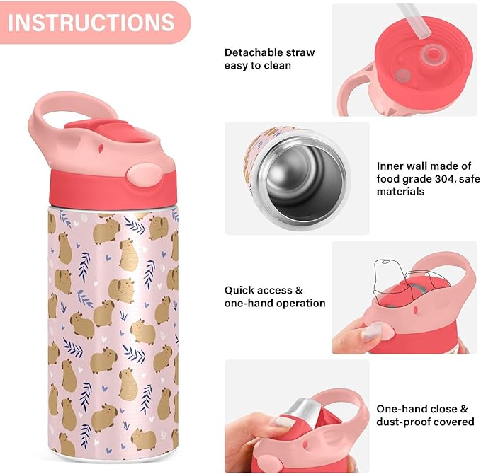 Cute Cat Kitty Girls Water Bottle with Straw and Carry Handle Cartoon Animals Pink Vacuum Insulated Stainless Steel Bottles Leak-Proof for Boys Kids Toddler 12 oz Pink Lid
