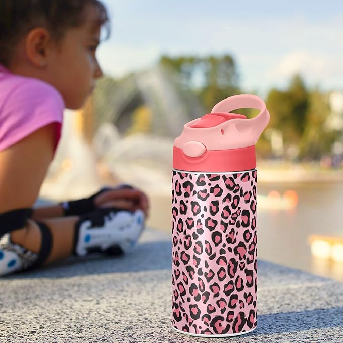 Purple Cheetah Kids Water Bottle with Straw and Carry Handle Leopard Vacuum Insulated Stainless Steel Bottles Leak-Proof for Boys Girls Toddler 12 oz Pink Lid