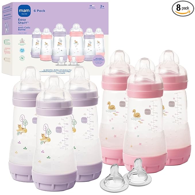 MAM 9oz Easy Start Anti-Colic Baby Bottles, Medium Flow with 2 Bonus Nipples Set (Fast & Extra Fast Flow), Reduces Colic, Gas, & Reflux, Easy-to-Clean, BPA-Free, 2+ Months, Made in Europe Pack of 6