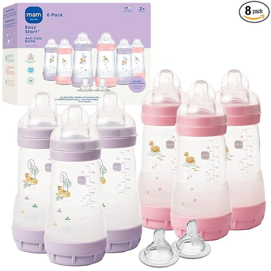 MAM 9oz Easy Start Anti-Colic Baby Bottles, Medium Flow with 2 Bonus Nipples Set (Fast & Extra Fast Flow), Reduces Colic, Gas, & Reflux, Easy-to-Clean, BPA-Free, 2+ Months, Made in Europe Pack of 6