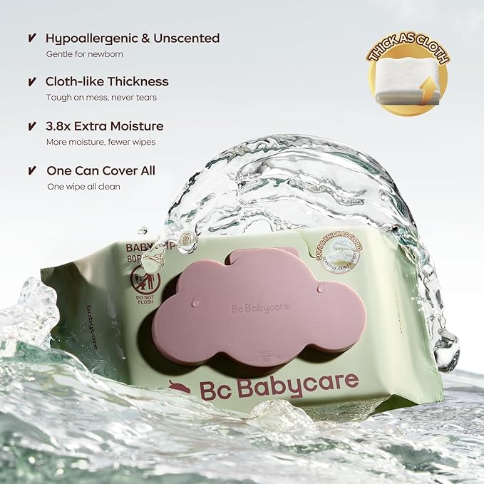 Bc Babycare Cloud Moist Baby Wipes, Thick & XL, 99% Water, Ultra-Hydrating, Unscented, Hypoallergenic for Sensitive Skin, Biodegradable, 6 Flip-Top, 480 Count