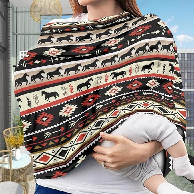 Coldinair Tribal Horse Aztec Baby Car Seat Cover,Soft Breathable Nursing Cover,Multi-use Baby Stroller and Carseat Cover,Breastfeeding Covers