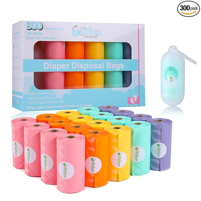 Diaper Bags Disposable for Baby, 20 Refill Rolls/300 Bags Waste Bags with Dispenser, Convenient and Quick Diaper Disposal, Rainbow