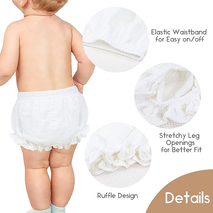 5pcs Toddler Baby Girls Boy White Ruffled Bloomers Diaper Cover Cotton Linen Bloomer Shorts Underwear